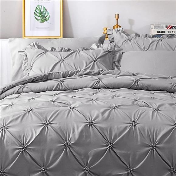 Queen Comforter Set 7 Pieces,Pintuck Gray Bed in a Bag Comforter Set for Bedroom - Picture 5 of 6
